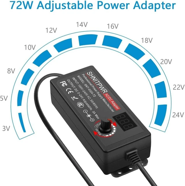 Alt view image 2 of 7 - Universal Power Supply Adjustable 3.5V~24V 3A 72W Variable 3.5V 5V 9V 12V 18V 20V 24V AC/DC Adapter 100V-240V AC to DC Converter with 16 Tips 4-Way Power Splitter Cable Polarity Converter