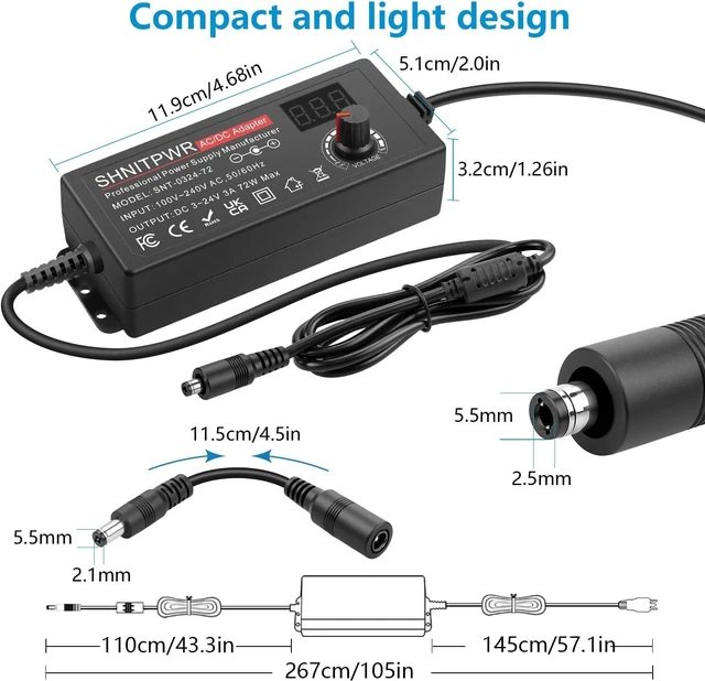 Alt view image 5 of 7 - Universal Power Supply Adjustable 3.5V~24V 3A 72W Variable 3.5V 5V 9V 12V 18V 20V 24V AC/DC Adapter 100V-240V AC to DC Converter with 16 Tips 4-Way Power Splitter Cable Polarity Converter