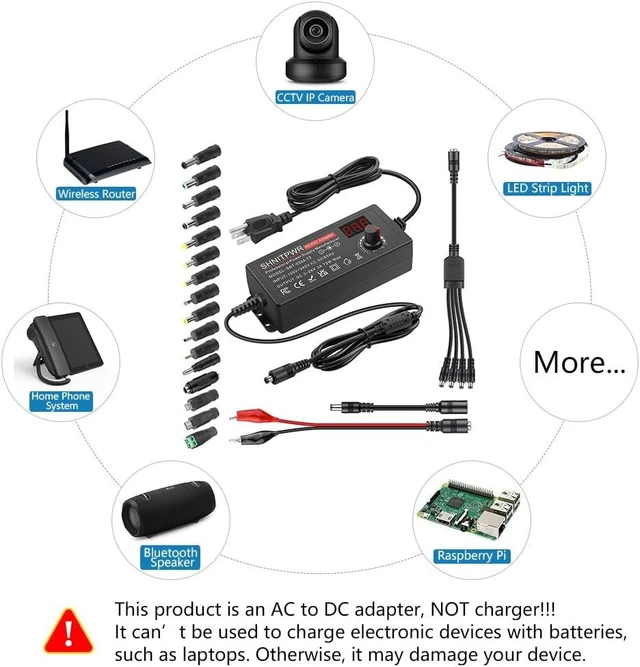 Alt view image 7 of 7 - Universal Power Supply Adjustable 3.5V~24V 3A 72W Variable 3.5V 5V 9V 12V 18V 20V 24V AC/DC Adapter 100V-240V AC to DC Converter with 16 Tips 4-Way Power Splitter Cable Polarity Converter