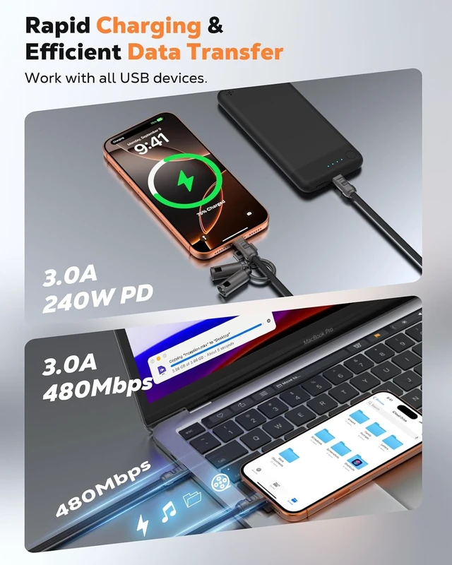 Alt view image 5 of 7 - 2-in-1 Phone Wrist Lanyard USB C Cable PD240W USB-C to USB-C Type-C Fast Charging Cable