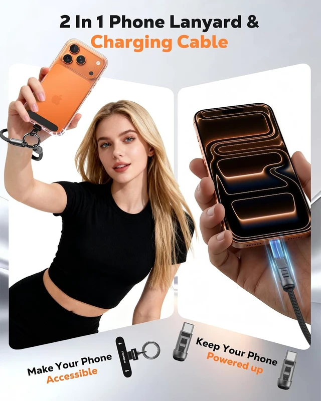 Alt view image 2 of 7 - 2-in-1 Phone Wrist Lanyard USB C Cable PD240W USB-C to USB-C Type-C Fast Charging Cable