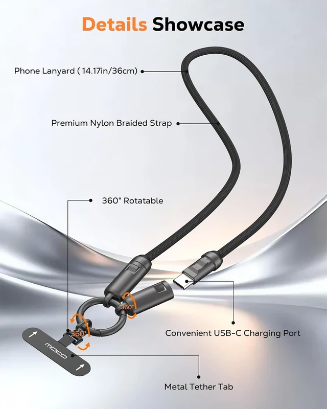 Alt view image 4 of 7 - 2-in-1 Phone Wrist Lanyard USB C Cable PD240W USB-C to USB-C Type-C Fast Charging Cable