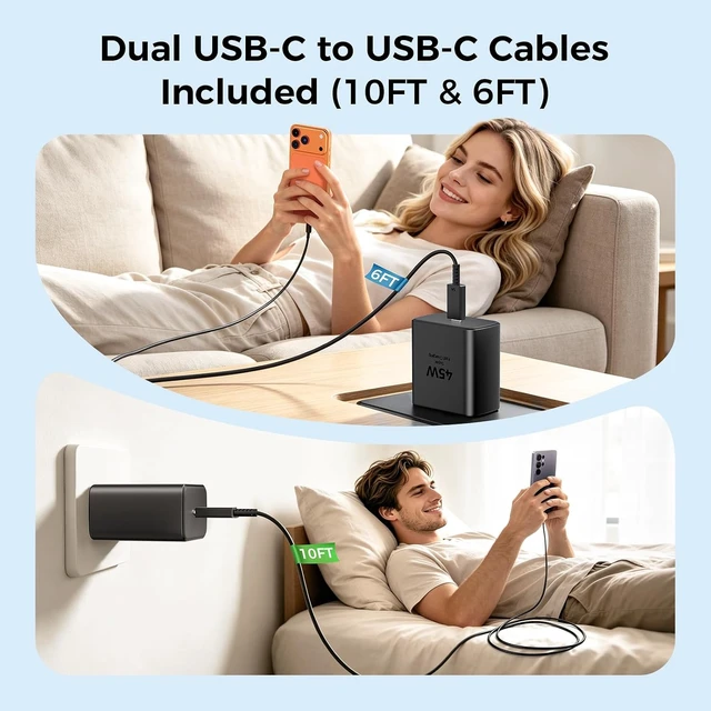 Alt view image 5 of 7 - 45W USB C Super Fast Charger Type C Charger Fast Charging Android Phone Charger Block with 10FT&6FT Type C Charging Cable for Galaxy S26 Ultra/S26/S26+/S25/S24/S23/S22/S21+/iPhone 18/17/16