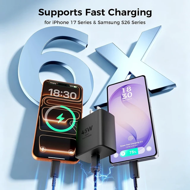 Alt view image 6 of 7 - 45W USB C Super Fast Charger Type C Charger Fast Charging Android Phone Charger Block with 10FT&6FT Type C Charging Cable for Galaxy S26 Ultra/S26/S26+/S25/S24/S23/S22/S21+/iPhone 18/17/16