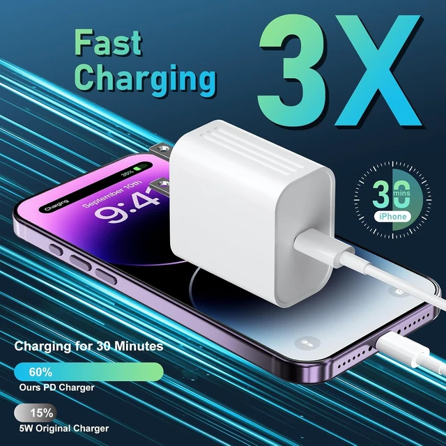 Alt view image 2 of 7 - iPhone 14 13 12 11 Charger Fast Charging 20W USB C Charger Type C Charger Fast Charging Block with 10FT Long USB C to Lightning Cable for iPhone 14/13/12/12 Pro Max/11/Xs Max/XR/X AirPods Pro 2 Pack