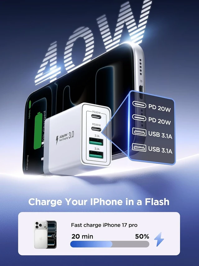 Alt view image 2 of 7 - USB C Fast Charger Block 40W 4-Port USBC Wall Charger Plug 2Pack Type C Charger Fast Charging Blocks PD Power Adapter+QC USB Multiport Brick for iPhone 17/16/15/14/13/12 11/Pro Max iPad