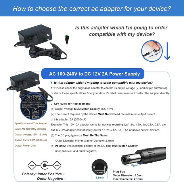 Alt view image 7 of 7 - 12V 2A AC to DC Power Supply Adapter