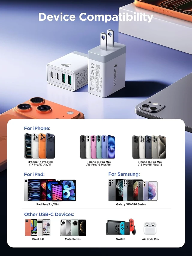 Alt view image 6 of 7 - USB C Fast Charger Block 40W 4-Port USBC Wall Charger Plug 2Pack Type C Charger Fast Charging Blocks PD Power Adapter+QC USB Multiport Brick for iPhone 17/16/15/14/13/12 11/Pro Max iPad