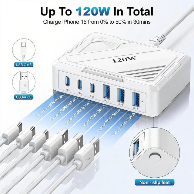 Alt view image 2 of 7 - 120W USB C Charging StationCharging Station for Multiple DevicesUSB Outlet Plug USB Plugs for wall Outlet Charger Block usbc Charging hub iPhone Ipad Kindle Travel nightstand Bedside