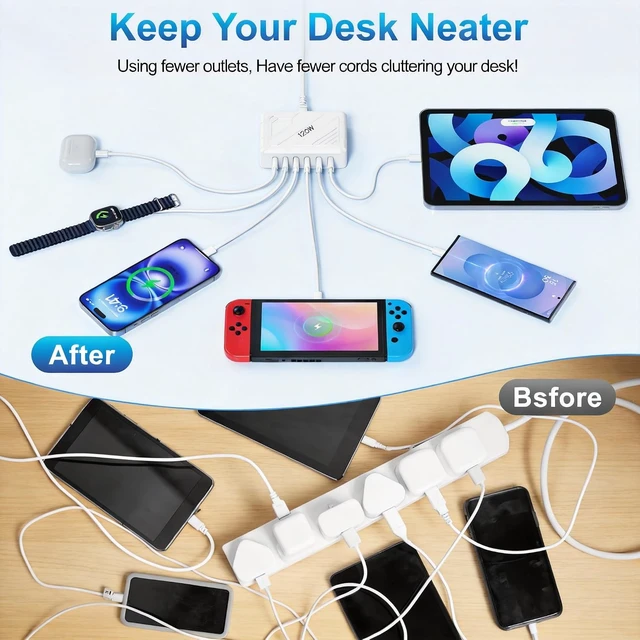 Alt view image 4 of 7 - 120W USB C Charging StationCharging Station for Multiple DevicesUSB Outlet Plug USB Plugs for wall Outlet Charger Block usbc Charging hub iPhone Ipad Kindle Travel nightstand Bedside