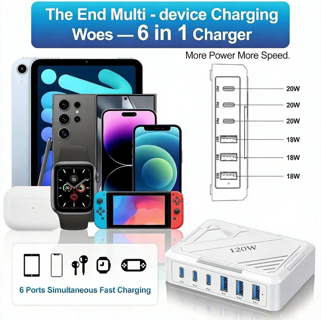 Alt view image 3 of 7 - 120W USB C Charging StationCharging Station for Multiple DevicesUSB Outlet Plug USB Plugs for wall Outlet Charger Block usbc Charging hub iPhone Ipad Kindle Travel nightstand Bedside