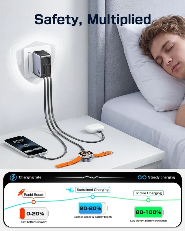 Alt view image 7 of 7 - 3-in-1 Retractable Charger Wall Plug for iPhone Watch Airpods &iPad