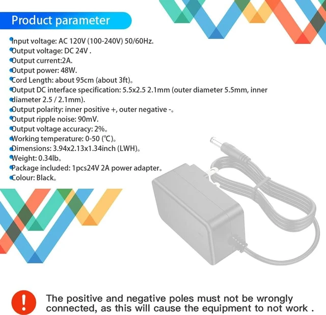 Alt view image 5 of 6 - 24V DC Power Supply DC 24V 2A 48W AC Adapter Input 100~240V AC to DC Converter 24 Volt 2A Power Adapter Transformer with 5.5x2.5mm/2.1mm Tip for Camera LED Strip CCTV Security System