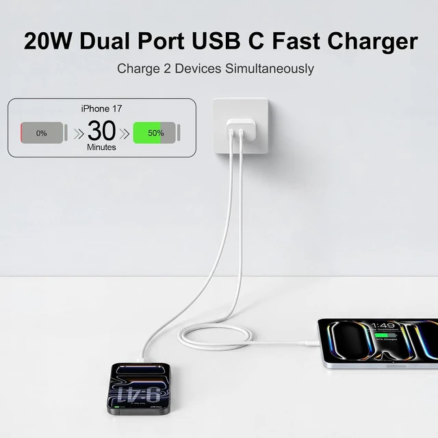 Alt view image 2 of 7 - iPhone 18 17 16 15 Charger Fast Charging 20W Dual Port USB C Charger Block