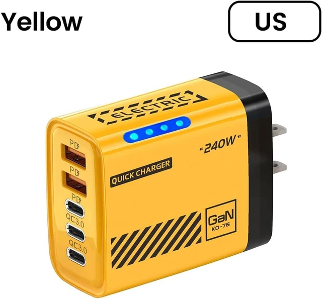 Alt view image 2 of 7 - 240W Wall Charger Dual USB+3PD Mech Wind Belt Light Charger(US Yellow)