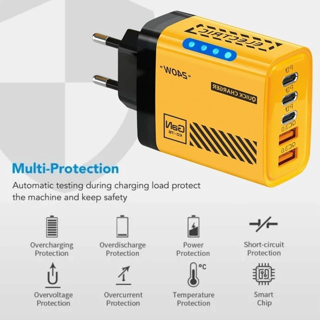 Alt view image 7 of 7 - 240W Wall Charger Dual USB+3PD Mech Wind Belt Light Charger(US Yellow)