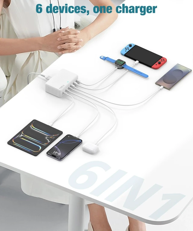 Alt view image 3 of 7 - USB C Charger Block 100W GaN 6 Port Fast USB Charging Station Hub Wall Charger Power Adapter Plug Cube Brick for iPhone 17 16 15 14 13 12 11 Pro Max/iPad/Pixel/ Galaxy S25 S24 5FT Cord