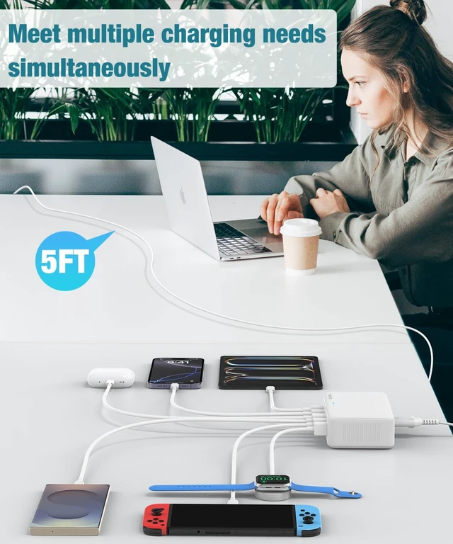 Alt view image 7 of 7 - USB C Charger Block 100W GaN 6 Port Fast USB Charging Station Hub Wall Charger Power Adapter Plug Cube Brick for iPhone 17 16 15 14 13 12 11 Pro Max/iPad/Pixel/ Galaxy S25 S24 5FT Cord