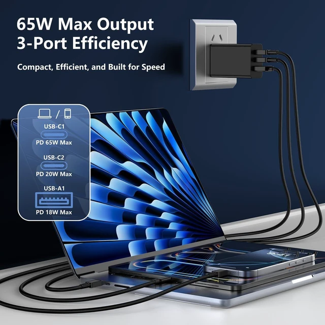 Alt view image 3 of 7 - 65W USB C Charger for S26 25 Ultra 3 Port GaN Type-C Wall Charger