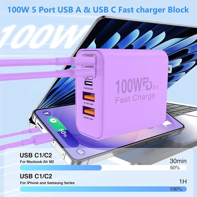 Alt view image 2 of 7 - USB C Wall Fast Charger Block 100W 5-Port Type C Fast Charging Block