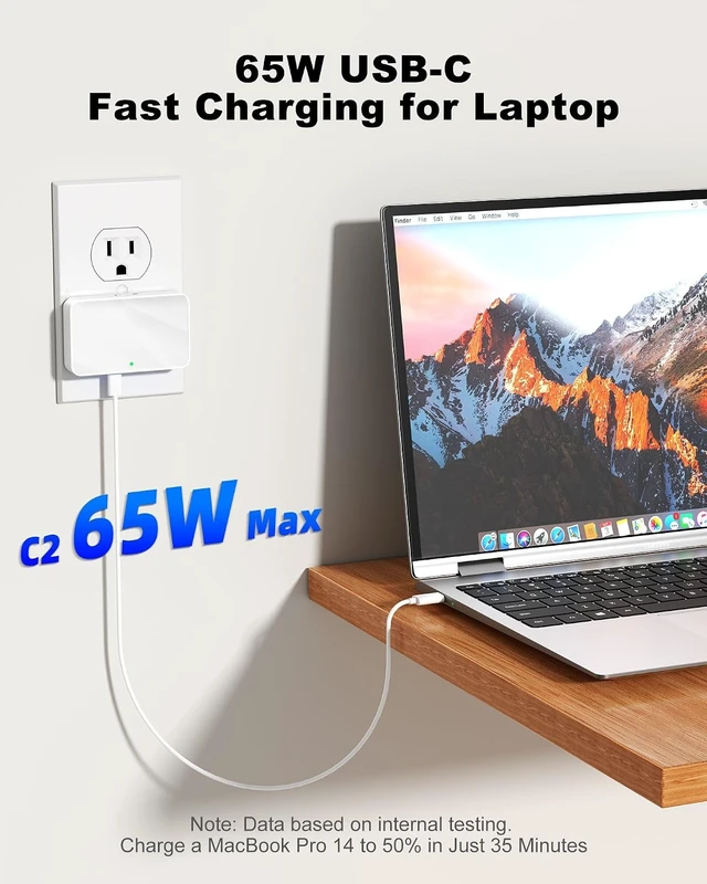 Alt view image 2 of 7 - 65W USB Wall Charger Block 4-Port Thin GaN Flat USB C Wall Plug for Home Office & Travel Fast Charging Brick Adapter for iPhone 17/16 Series MacBook Pro/Air and More