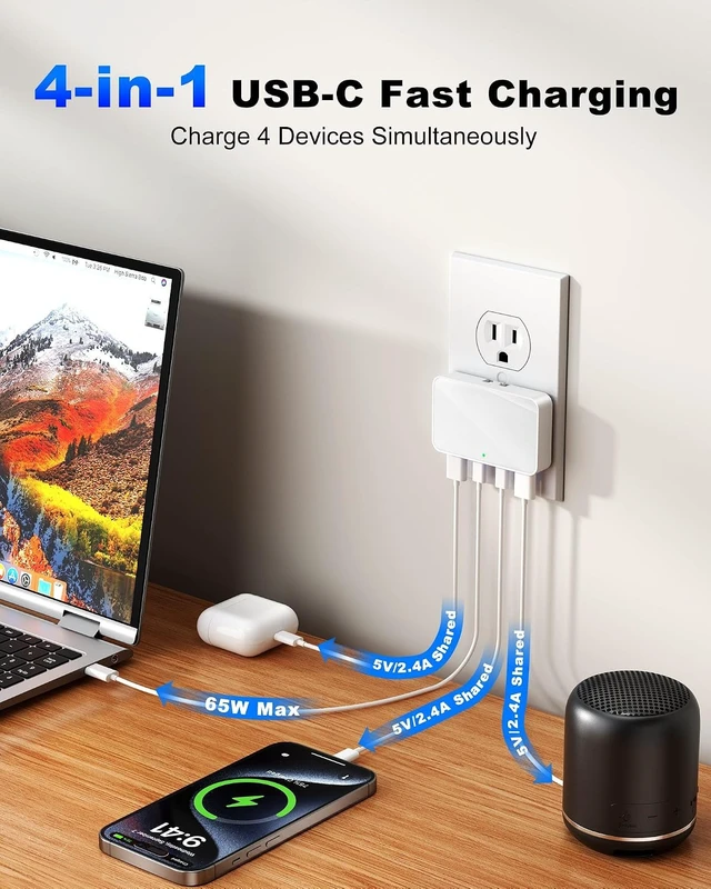 Alt view image 3 of 7 - 65W USB Wall Charger Block 4-Port Thin GaN Flat USB C Wall Plug for Home Office & Travel Fast Charging Brick Adapter for iPhone 17/16 Series MacBook Pro/Air and More
