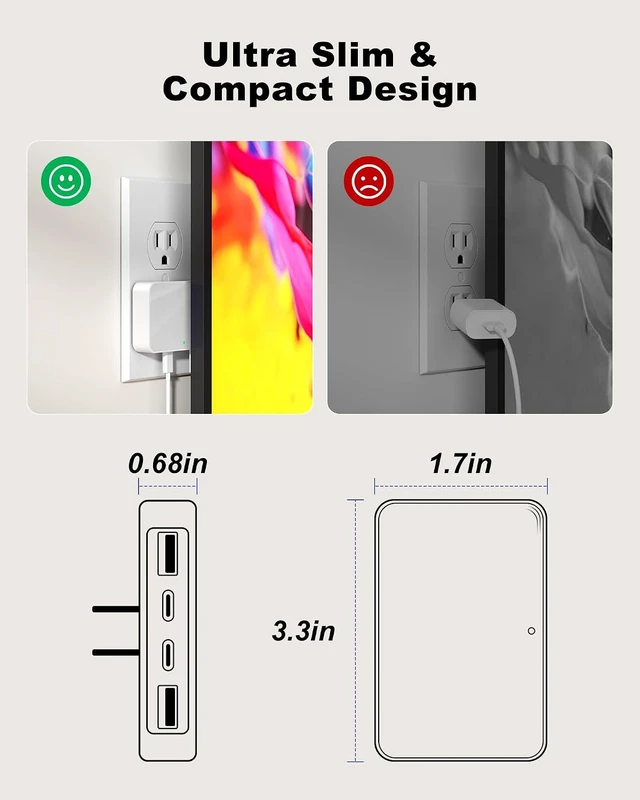 Alt view image 4 of 7 - 65W USB Wall Charger Block 4-Port Thin GaN Flat USB C Wall Plug for Home Office & Travel Fast Charging Brick Adapter for iPhone 17/16 Series MacBook Pro/Air and More