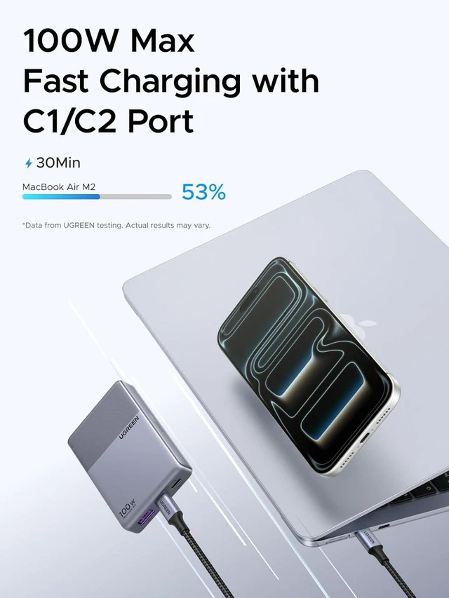Alt view image 2 of 7 - Nexode Air 100W USB C Charger Flat Design Ultra Slim and Foldable Plug Compact GaN Fast 3-Port Charging PD Type-C Power Adapter Compatible with MacBook iPhone 17 Pro Max Galaxy Grey