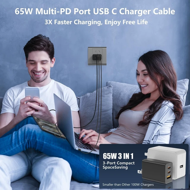 Alt view image 7 of 7 - 65W USB C Charger for iPhone 18/17Pro/Max 3-Port Fast Charger USB C