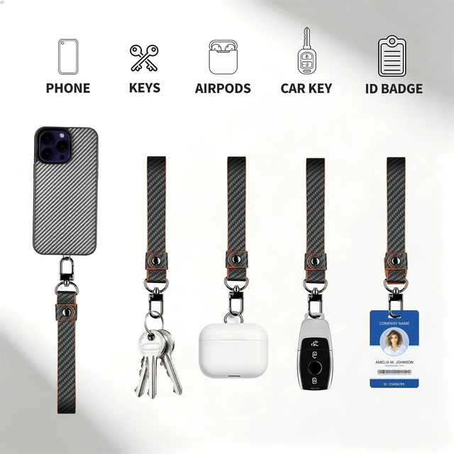 Alt view image 6 of 7 - Phone Wrist Strap Leather Carbon Fiber Phone Wrist Strap Phone Chain