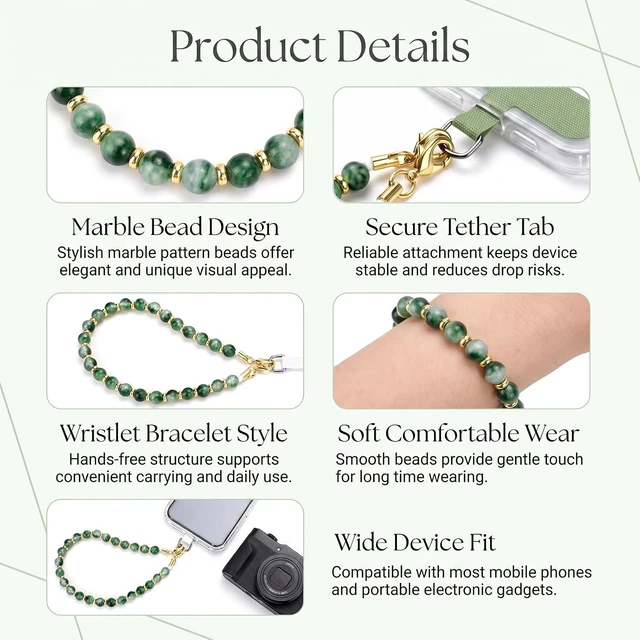 Alt view image 3 of 7 - Marble Beaded Phone Wrist Strap Cellphone Lanyard With Tether Tab Hands Free Wristlet Bracelet