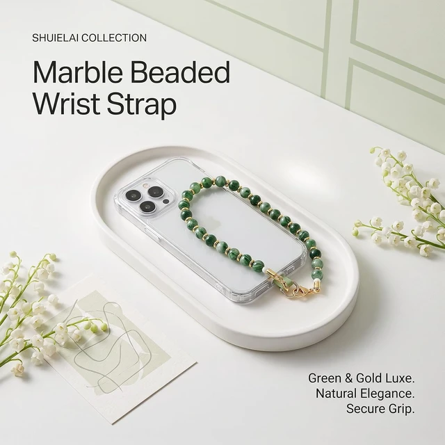 Alt view image 5 of 7 - Marble Beaded Phone Wrist Strap Cellphone Lanyard With Tether Tab Hands Free Wristlet Bracelet