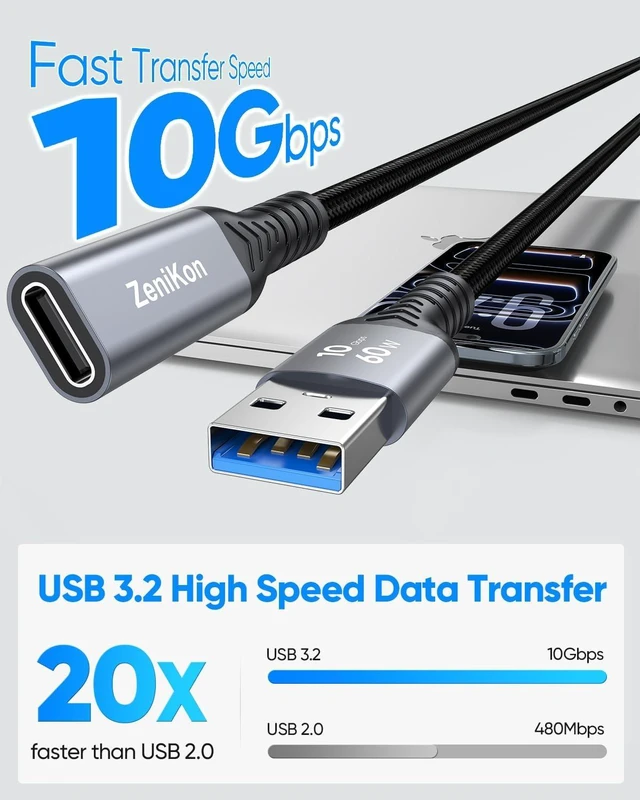 Alt view image 3 of 7 - USB C Female to USB Male Adapter Cable 4FT 10Gbps Data Transfer 60W Charge
