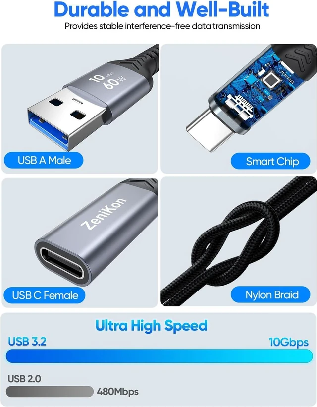 Alt view image 6 of 7 - USB C Female to USB Male Adapter Cable 4FT 10Gbps Data Transfer 60W Charge