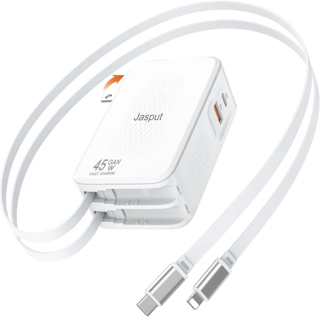 Main image of 45W Retractable Wall Charger GaN Fast Charger Block with Built-in Dual Cables Foldable Plug 4-in-1 Travel Charging Adapter with USB-C/USB-A Ports for iPhone 17-11 iPad Galaxy and More