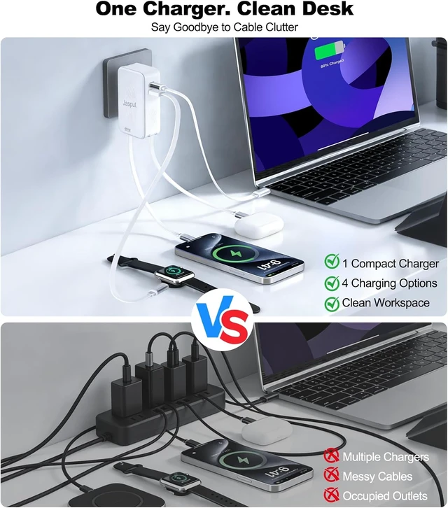 Alt view image 4 of 7 - 45W Retractable Wall Charger GaN Fast Charger Block with Built-in Dual Cables Foldable Plug 4-in-1 Travel Charging Adapter with USB-C/USB-A Ports for iPhone 17-11 iPad Galaxy and More