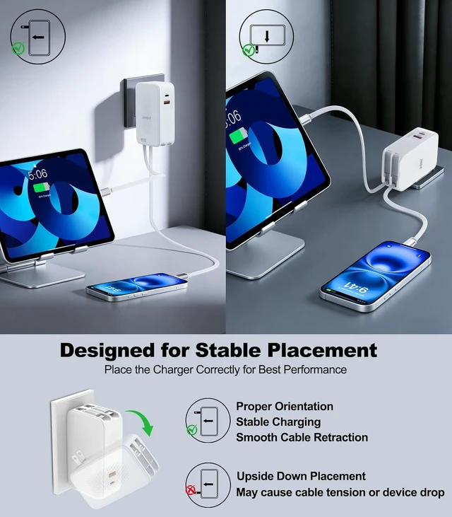 Alt view image 6 of 7 - 45W Retractable Wall Charger GaN Fast Charger Block with Built-in Dual Cables Foldable Plug 4-in-1 Travel Charging Adapter with USB-C/USB-A Ports for iPhone 17-11 iPad Galaxy and More