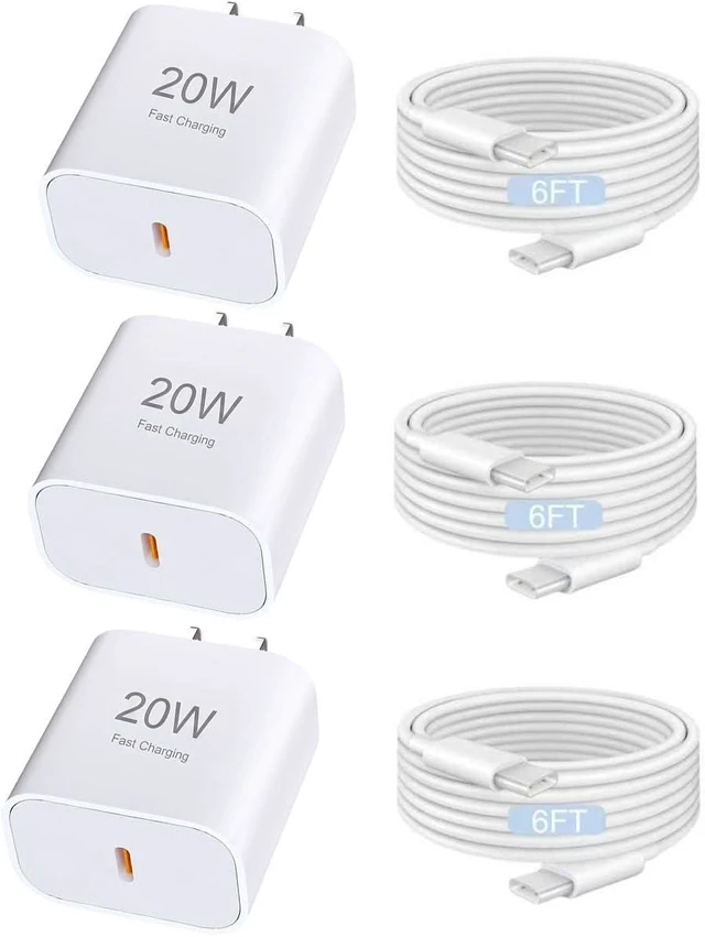 Main image of USB C Charger for iPhone Charger 20W 3-Piece Set with 3 6-Foot USB c Cable Compatible with iPhone 17/17 Plus/17 Pro/17 Pro Max/16/16 Plus/16 Pro Max/15/15 Plus/15 Pro/15 Pro Max
