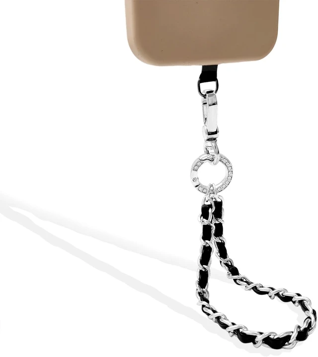 Alt view image 2 of 5 - Phone Wrist Strap with Metal Chain Phone Lanyard Wrist with 2 Tether Tabs Metal Leather Cellphone Charm Phone Chain
