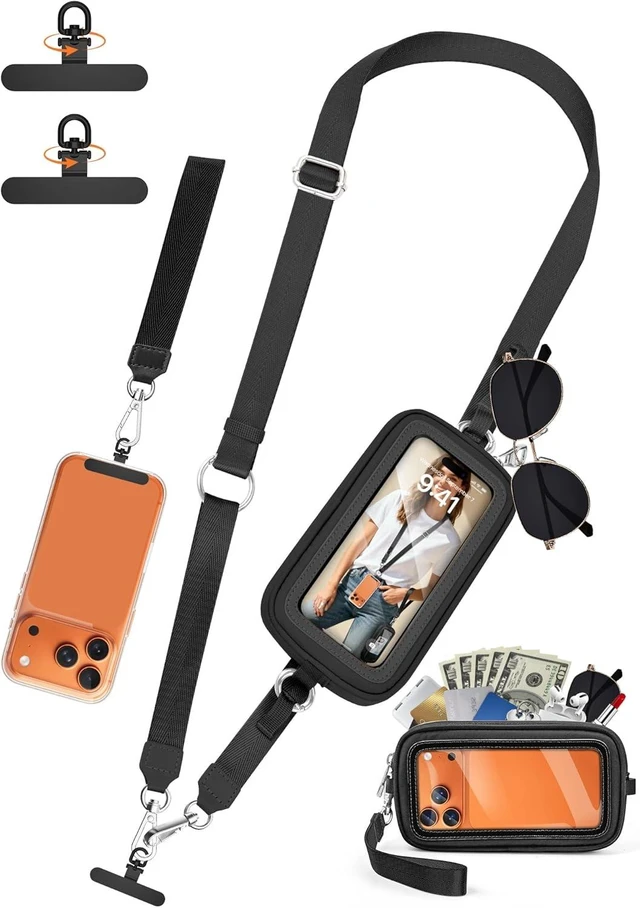 Main image of Phone Strap Crossbody with Detachable RFID Wallet Black