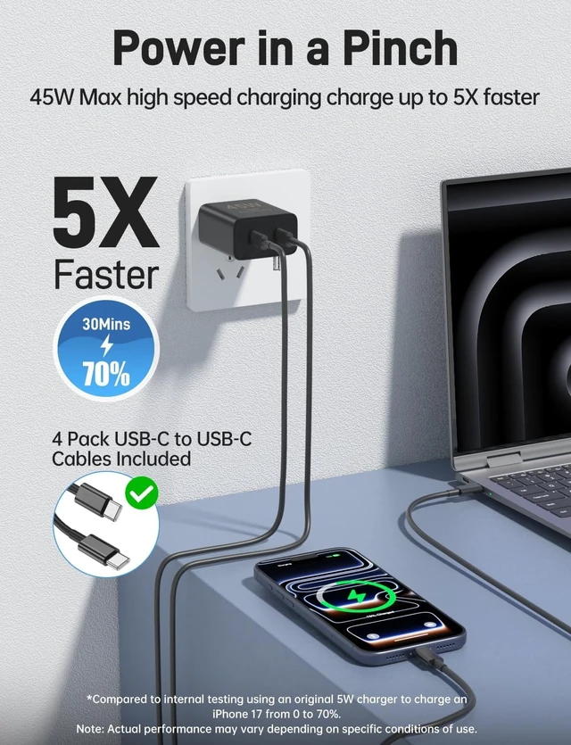 Alt view image 3 of 7 - Super Fast Charger Type C 2 Pack 45W Dual Port USB C Fast Charger