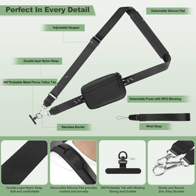 Alt view image 5 of 7 - Clip and Go Strap for Phone with Wallet Crossbody Adjustable Phone Lanyard with Detachable RFID Wristlet Wallet Universal Phone Strap with 360° Rotatable Phone Tabs for All Phones (Black)