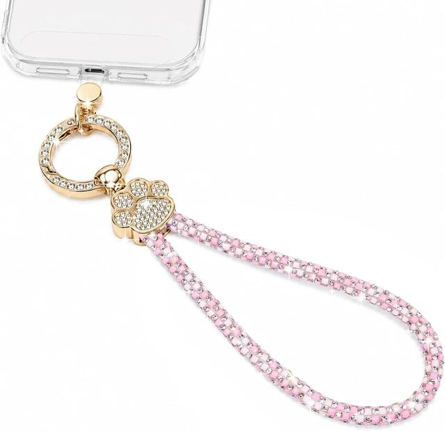 Main image of Crystal Phone Charm Wrist Strap Sparkly Cat Paw Wristlet Pink