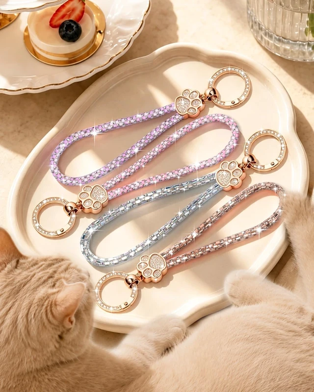 Alt view image 7 of 7 - Crystal Phone Charm Wrist Strap Sparkly Cat Paw Wristlet Pink