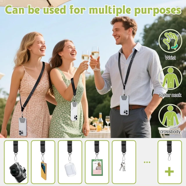 Alt view image 6 of 7 - Phone Lanyard 2 Pack Adjustable Anti-Drop Neck/Wrist Strap with 2 Pcs Tether Patches Secure Hands-Free Compatible for iPhone Perfect for Nurses Teachers Travel Hiking Black