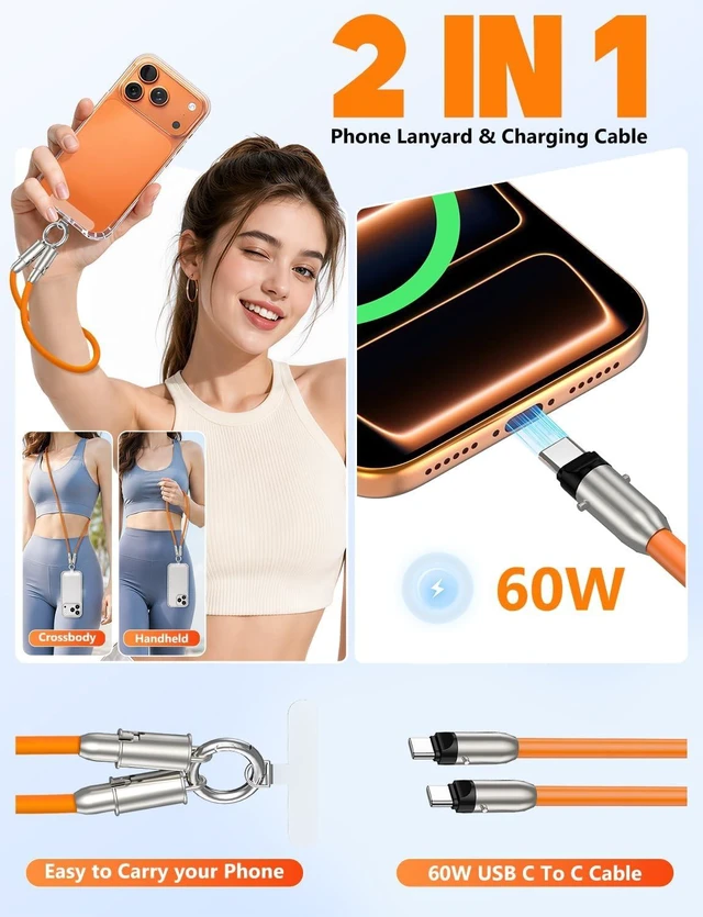 Alt view image 2 of 7 - 2 in 1 USB-C Lanyard Cable for iPhone & 2 Pack - Orange