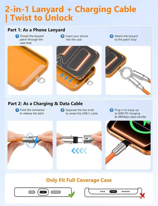 Alt view image 4 of 7 - 2 in 1 USB-C Lanyard Cable for iPhone & 2 Pack - Orange