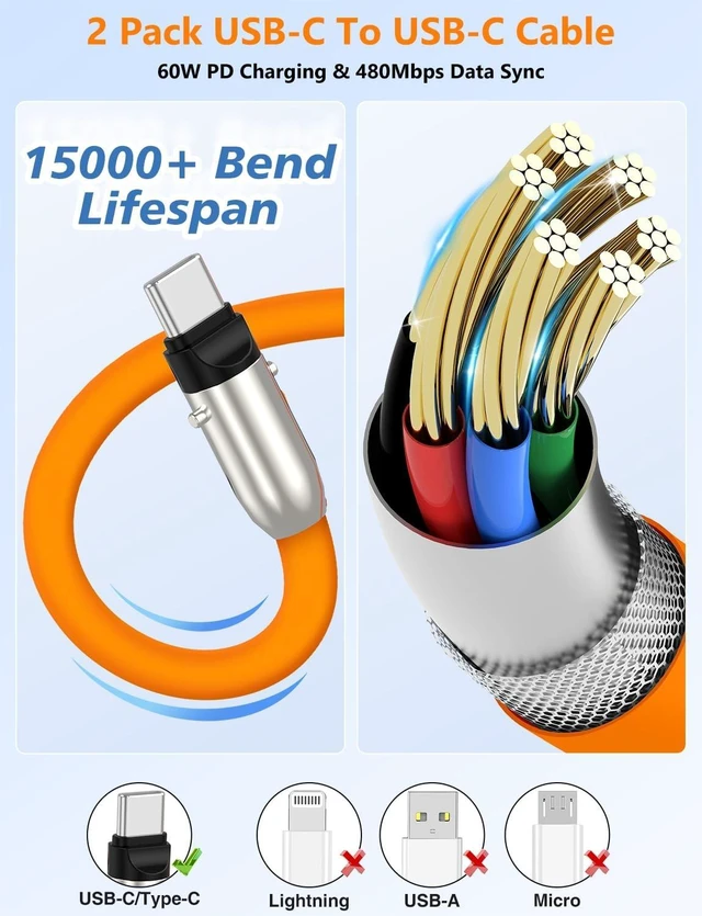 Alt view image 6 of 7 - 2 in 1 USB-C Lanyard Cable for iPhone & 2 Pack - Orange