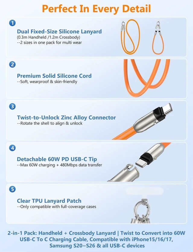 Alt view image 5 of 7 - 2 in 1 USB-C Lanyard Cable for iPhone & 2 Pack - Orange