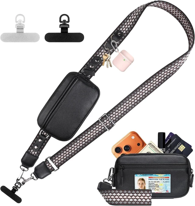Main image of Clip and Go Phone Strap with Crossbody Wallet Adjustable Phone Lanyard with Detachable RFID Wristlet Wallet Anti-Theft Leather Purse with ID Window for Travel Essentials (Black)